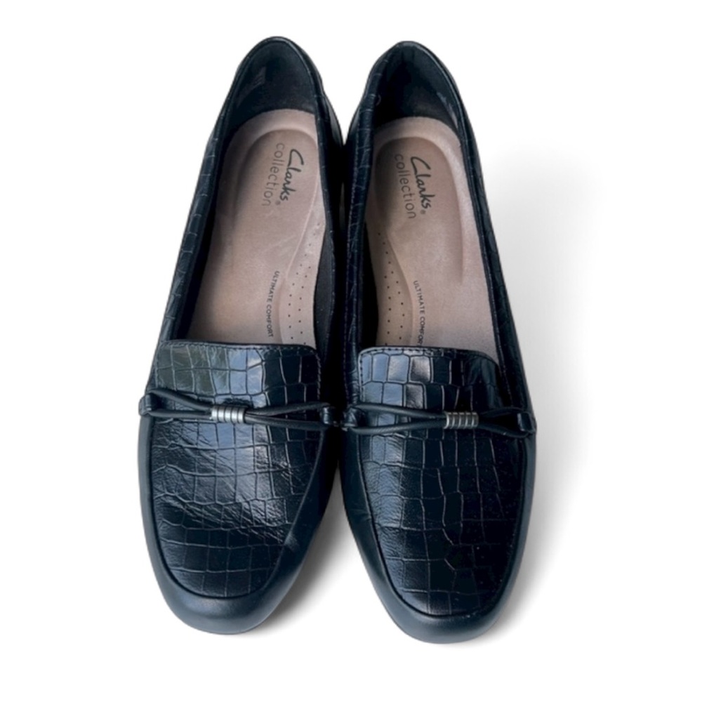 Clarks Womens Juliet Shine Black Crocodile Loafers Leather Smart, Sz 9W